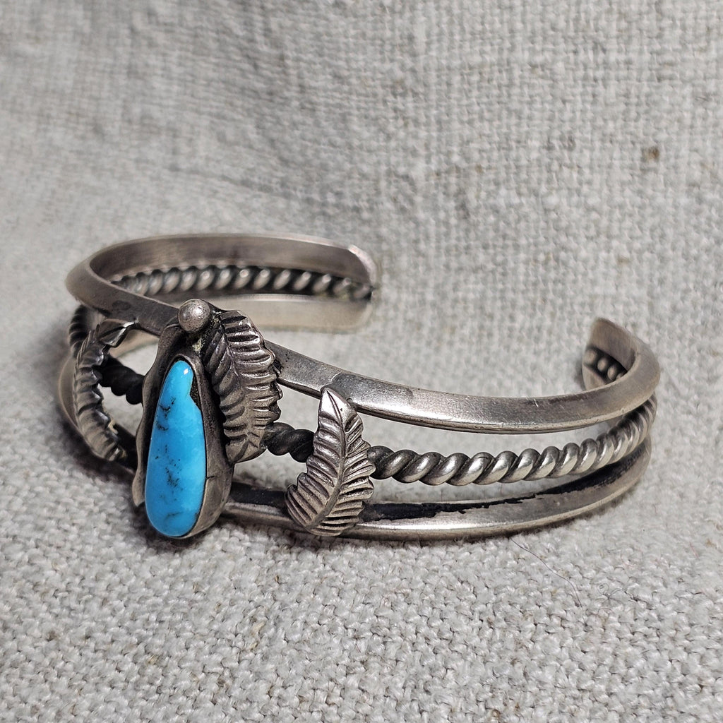 Fancy Silverwork Turquoise Vintage Native Sterling Old Pawn fits 6 1/4" wrist. JB 314