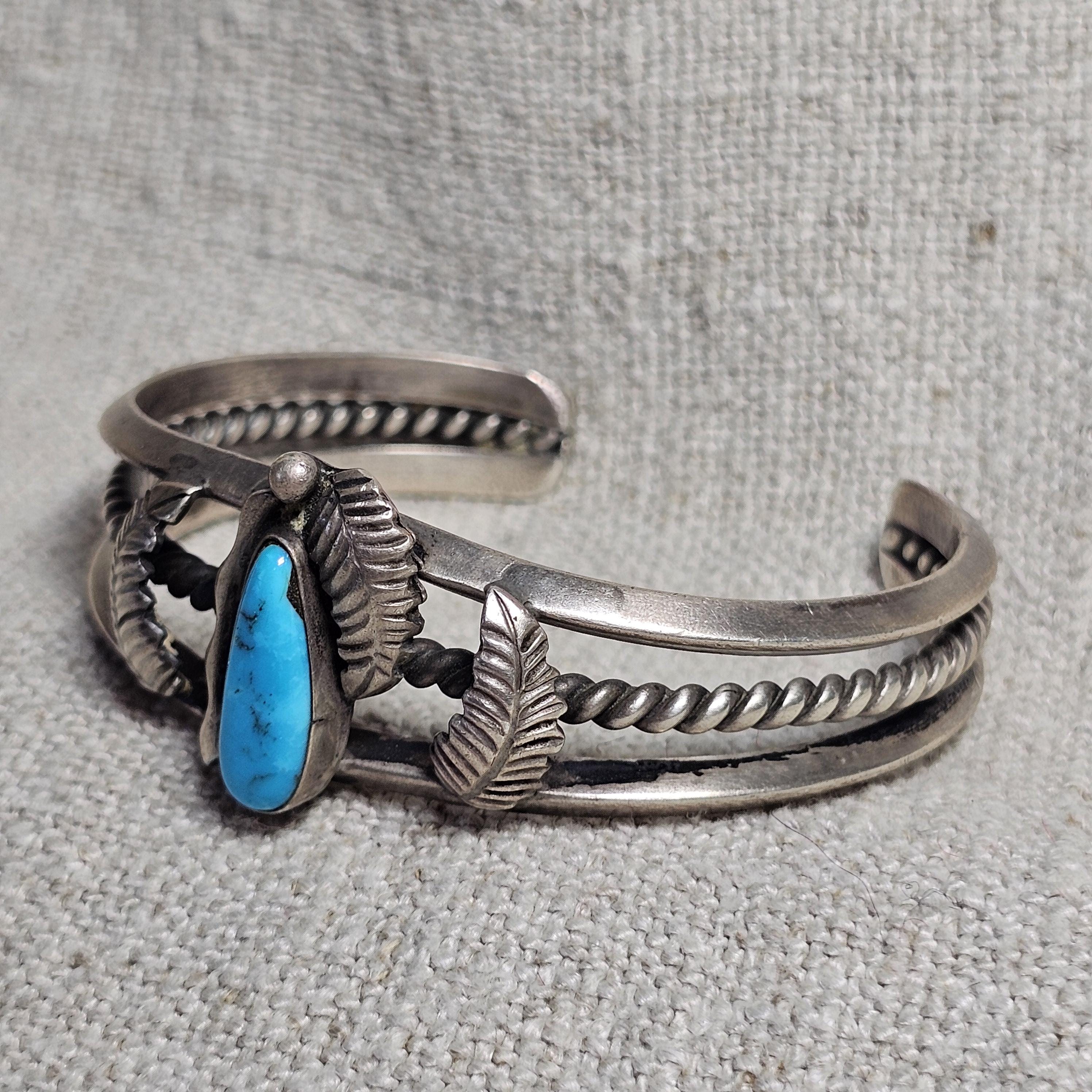 Fancy Silverwork Turquoise Vintage Native Sterling Old Pawn fits 6 1/4" wrist. JB 314