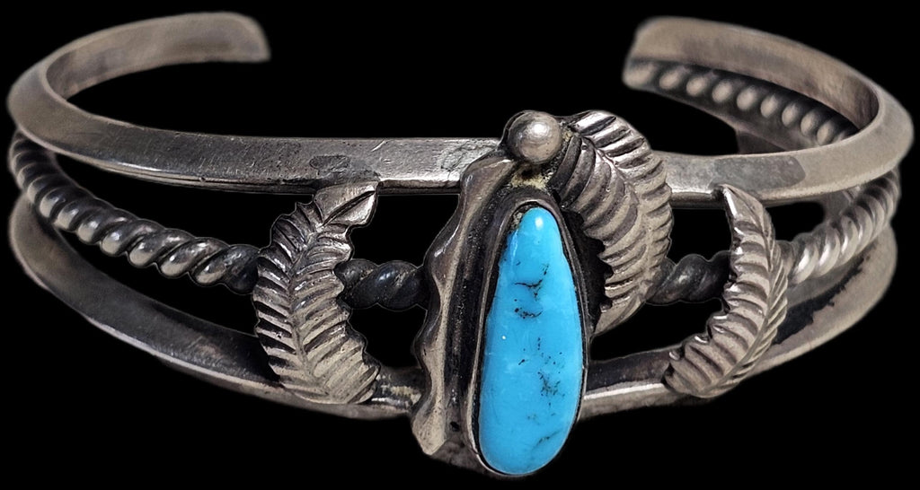 Fancy Silverwork Turquoise Vintage Native Sterling Old Pawn fits 6 1/4" wrist. JB 314