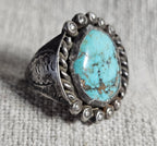Rustic Blue Turquoise Vintage Sterling Ring Size 12 1/2 Old Pawn JR 381