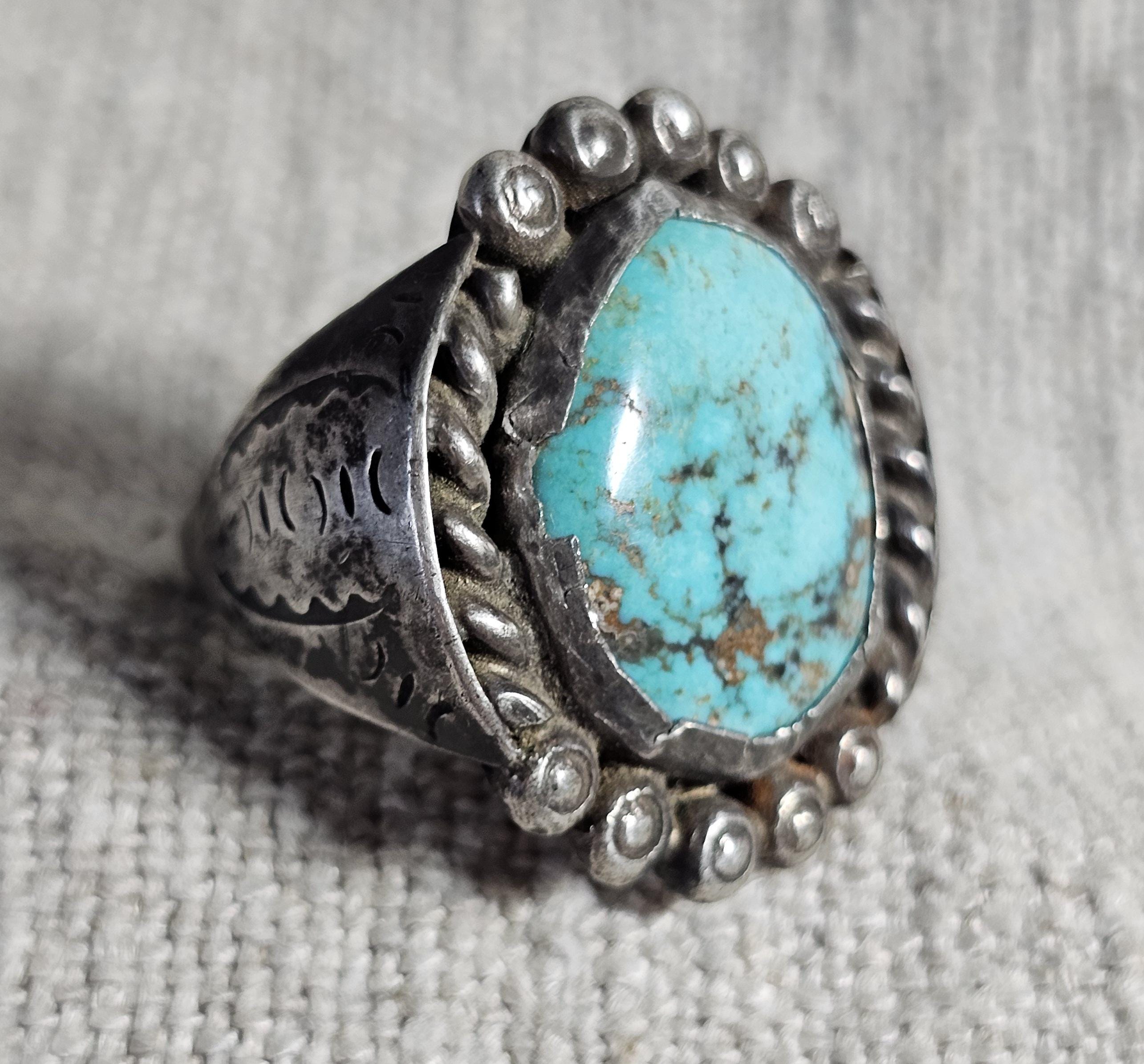 Rustic Blue Turquoise Vintage Sterling Ring Size 12 1/2 Old Pawn JR 381