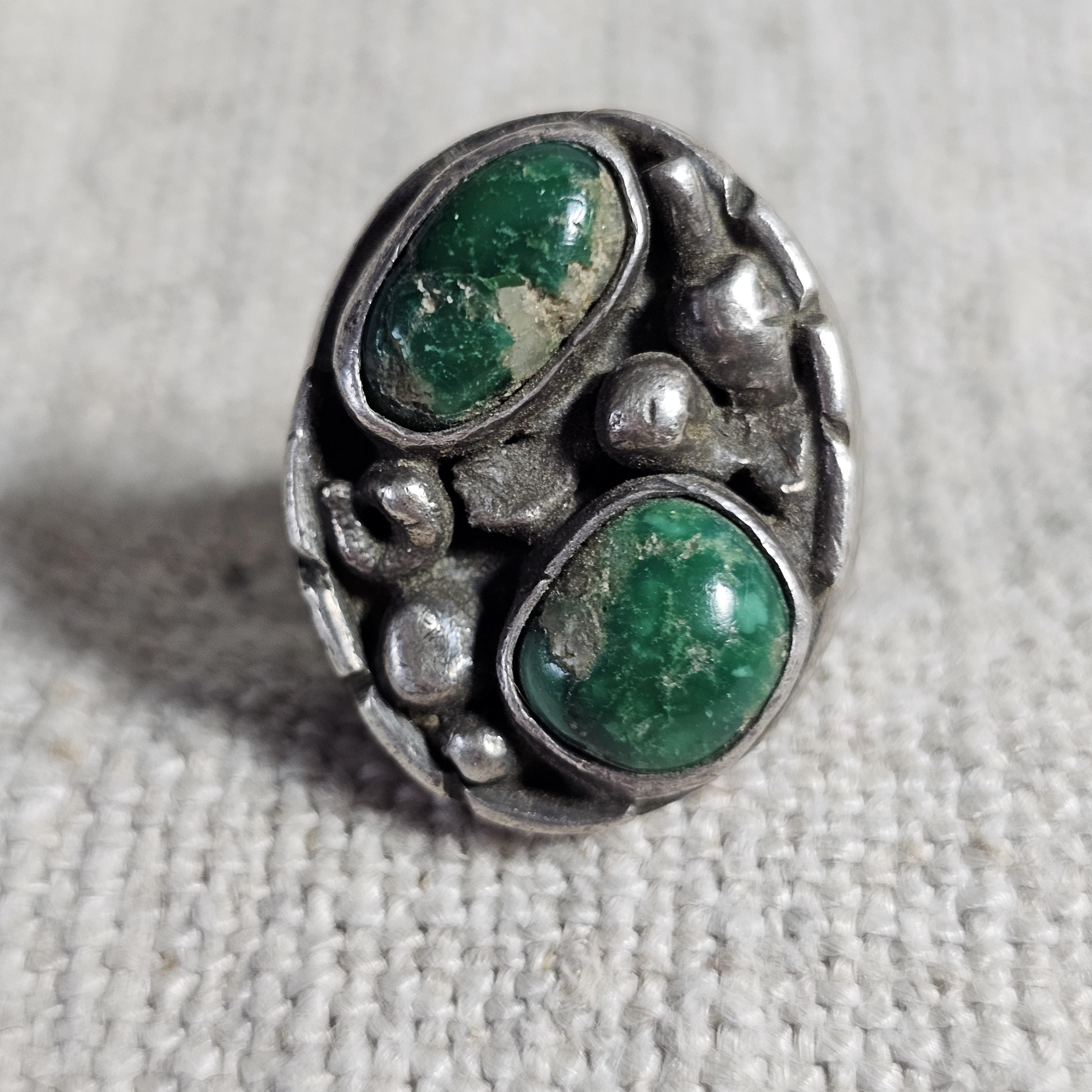 2 Green Turquoise Cast Silver Vintage Ring Size 10 Old Pawn JR 356