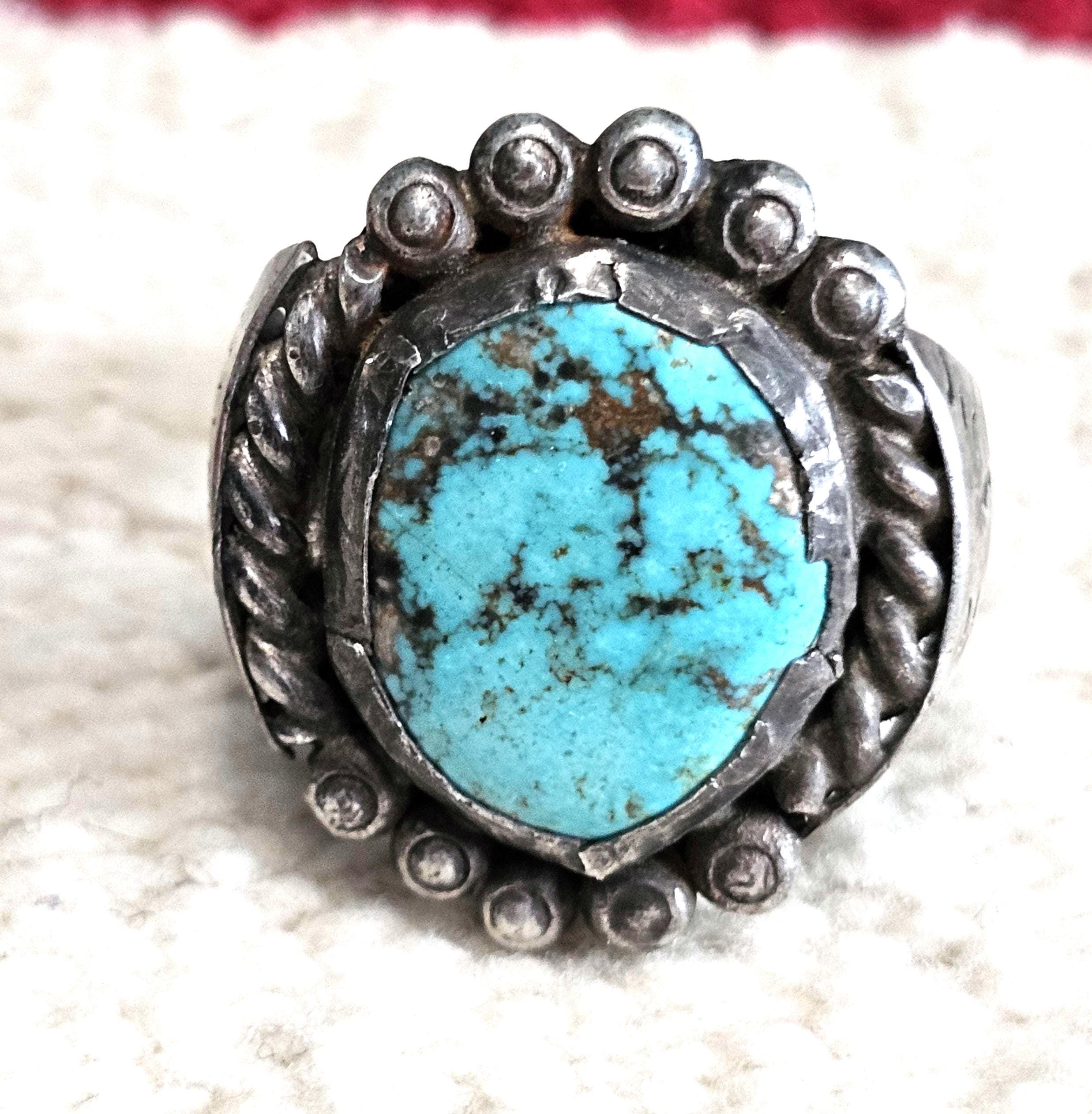 Rustic Blue Turquoise Vintage Sterling Ring Size 12 1/2 Old Pawn JR 381
