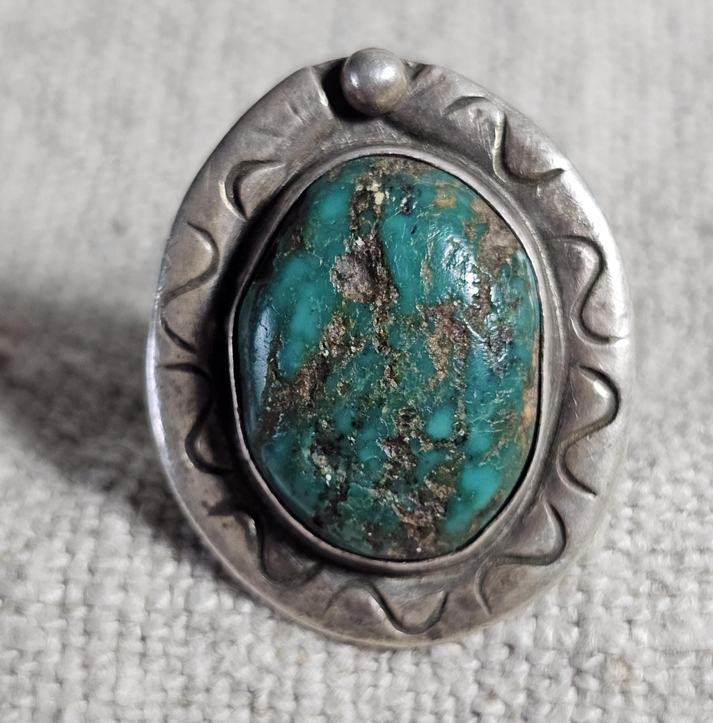 Dark Blue Turquoise Vintage Sterling Ring Size 9 1/2 Old Pawn JR 389