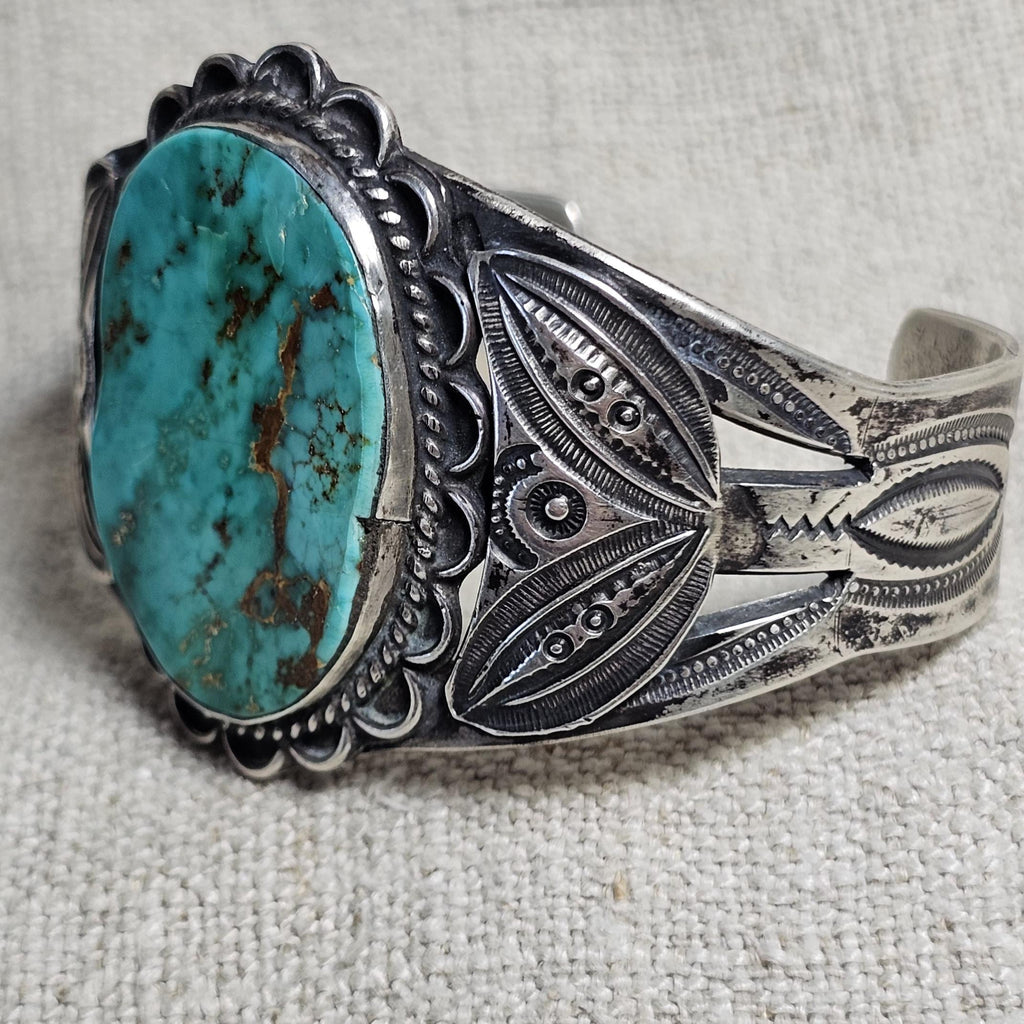 1930s Big Blue Turquoise Harvey Era Sterling Native  Vintage Cuff 6 3/4" wrist. JB 304