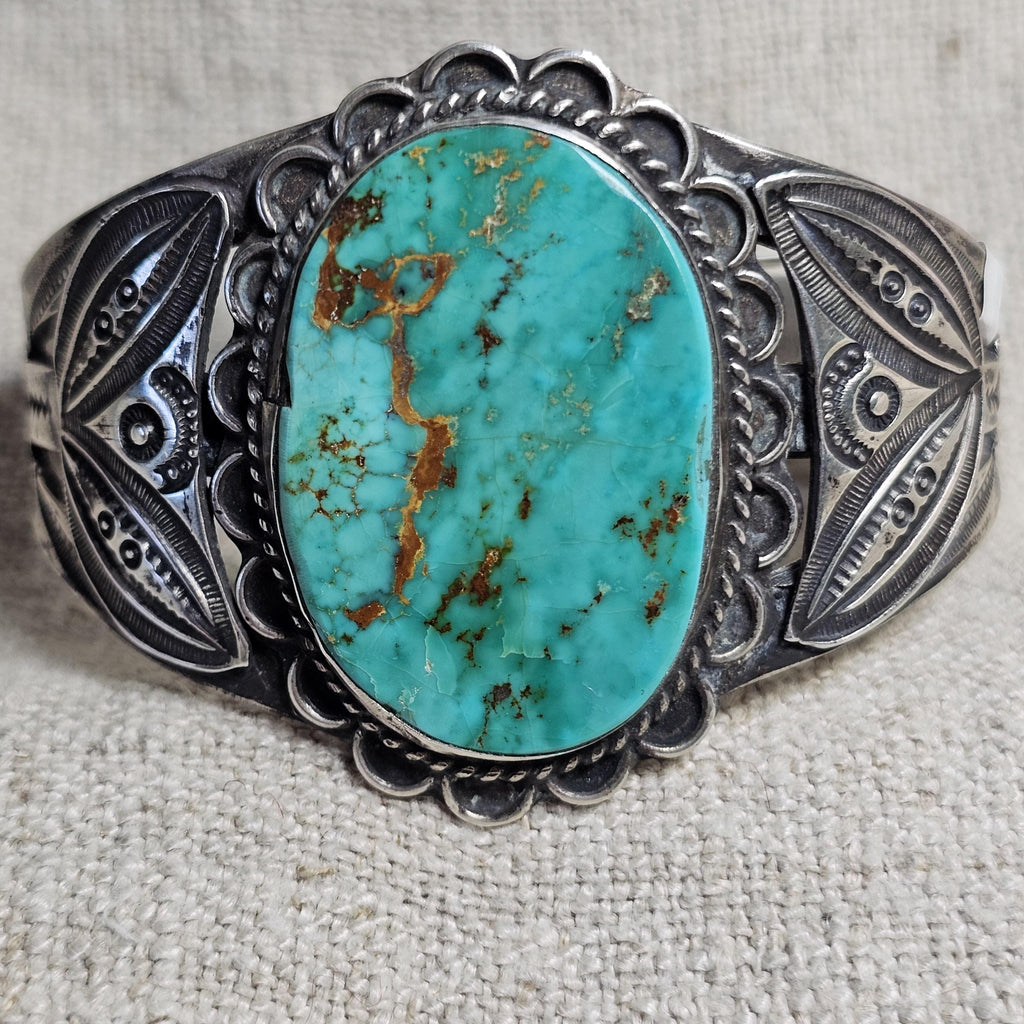 1930s Big Blue Turquoise Harvey Era Sterling Native  Vintage Cuff 6 3/4" wrist. JB 304