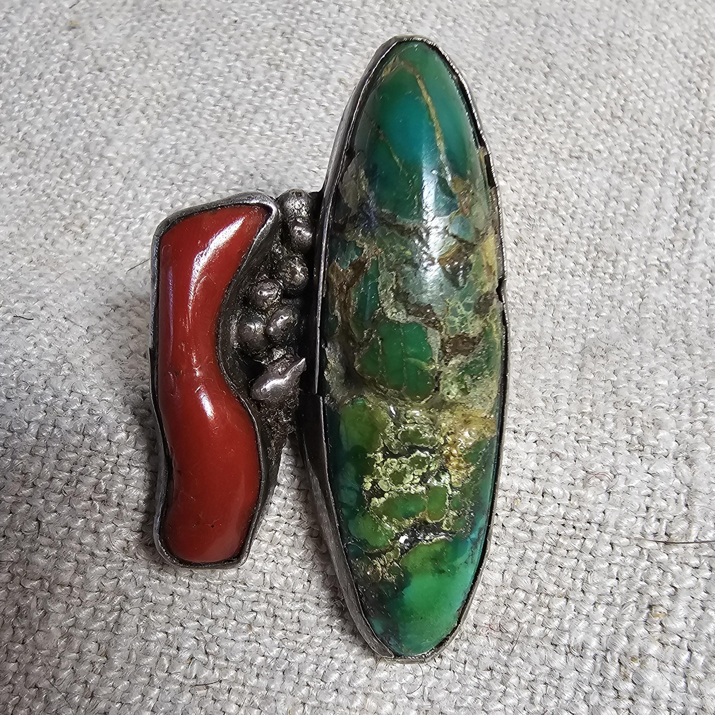 Unique Vintage Coral & Turquoise Sterling Silver Ring, Size 5 1/2  JR 647