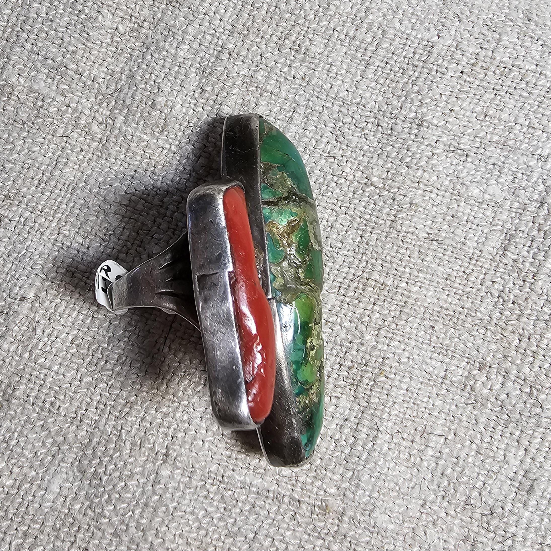 Unique Vintage Coral & Turquoise Sterling Silver Ring, Size 5 1/2  JR 647