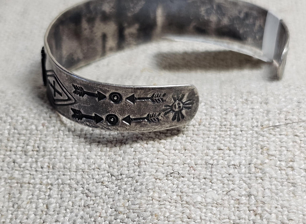 1930s Whirling Log Green Turquoise Sterling Native  Vintage Cuff JB 302 6 1/2" wrist