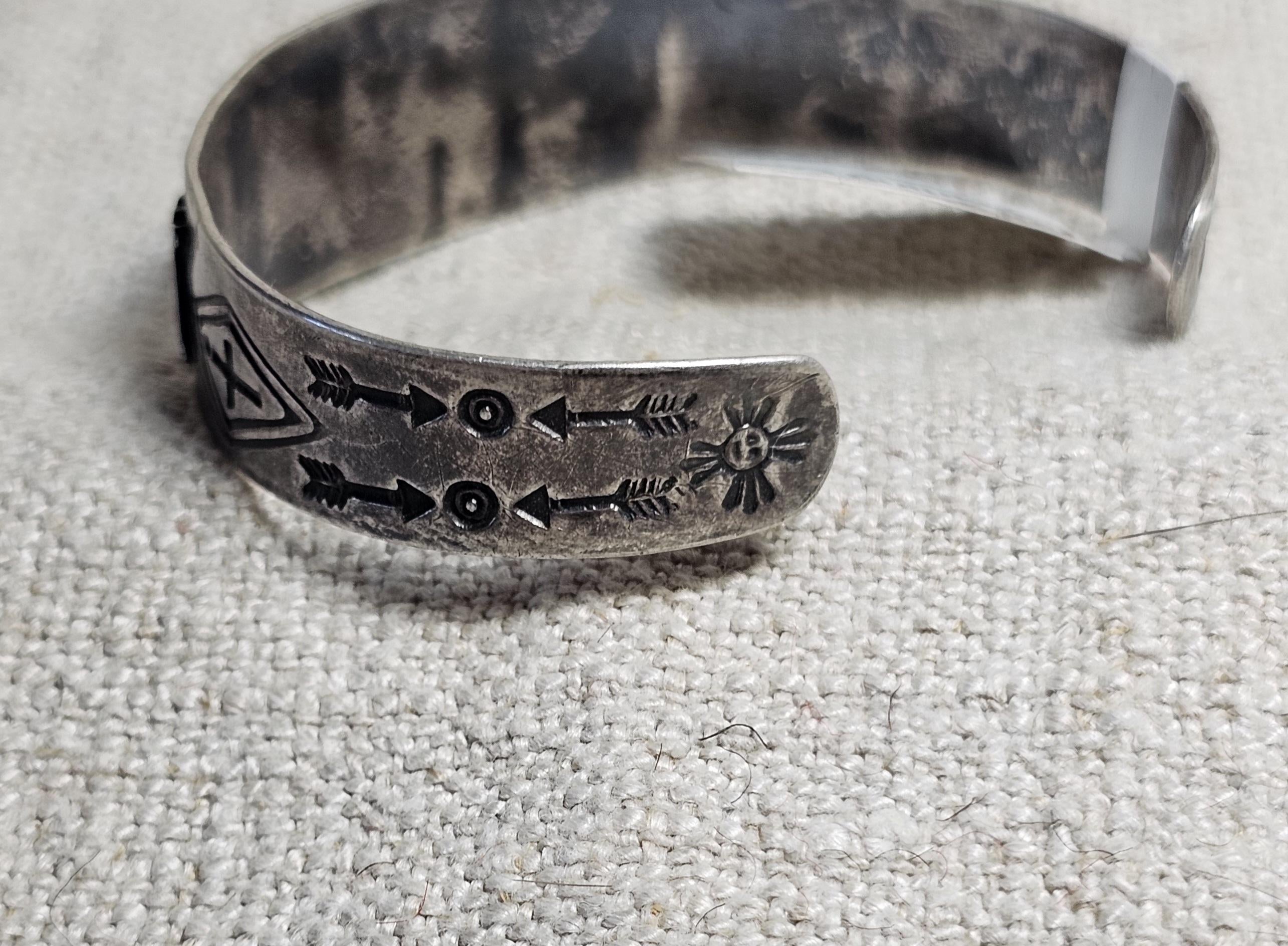 1930s Whirling Log Green Turquoise Sterling Native  Vintage Cuff JB 302 6 1/2" wrist