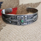 1930s Whirling Log Green Turquoise Sterling Native  Vintage Cuff JB 302 6 1/2" wrist