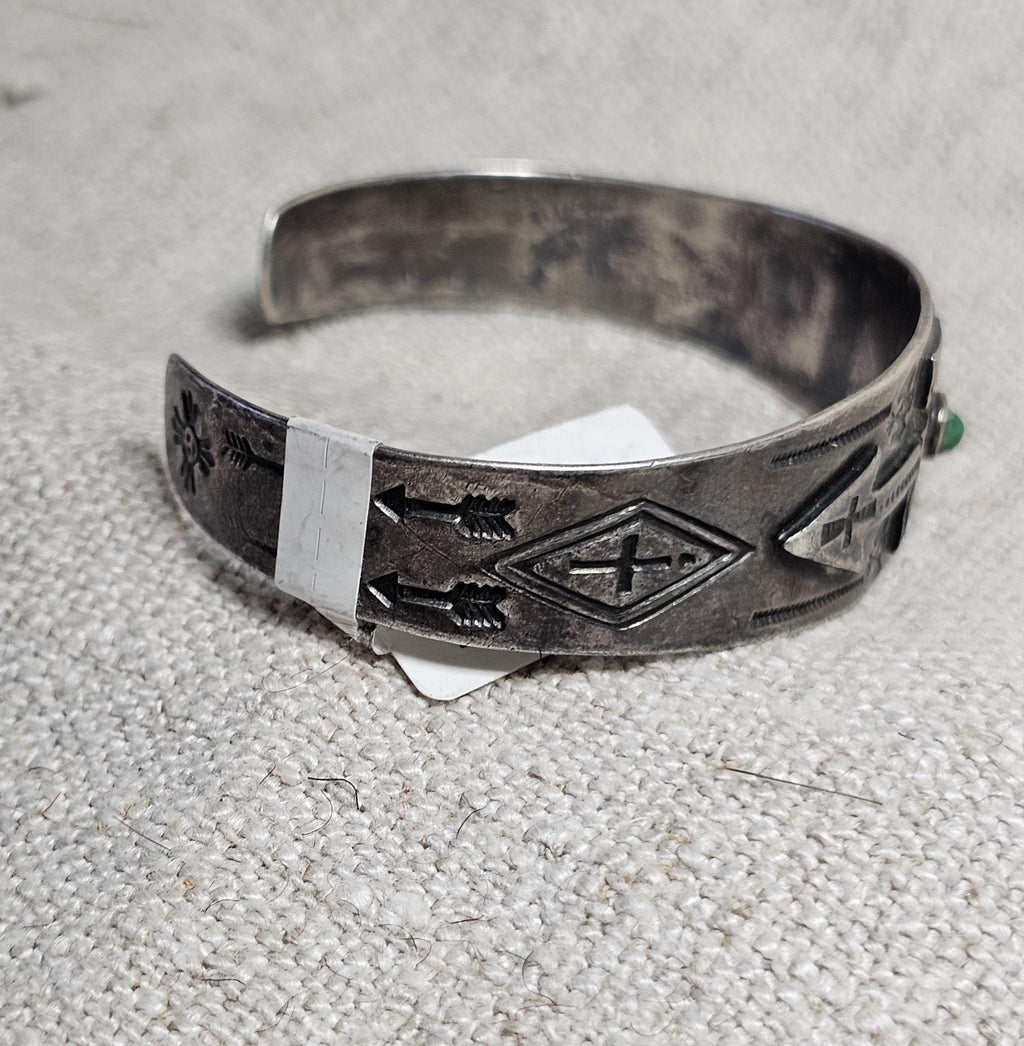 1930s Whirling Log Green Turquoise Sterling Native  Vintage Cuff JB 302 6 1/2" wrist