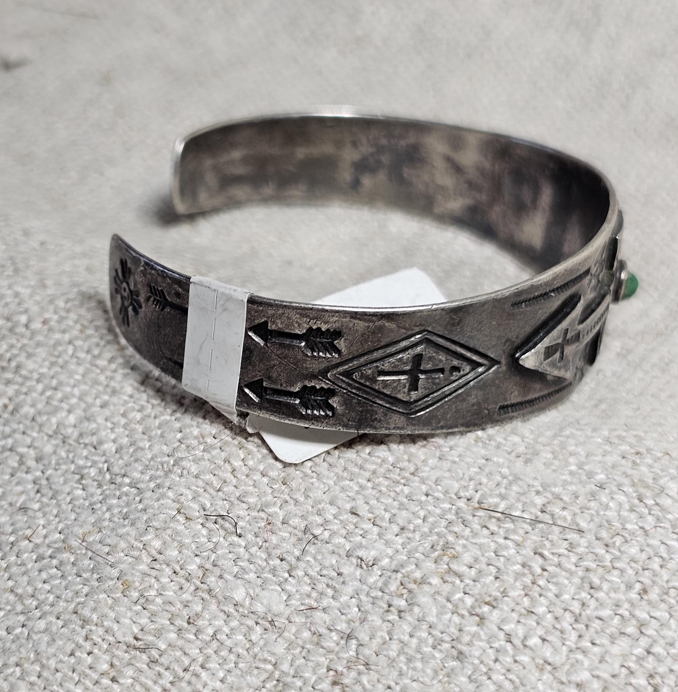 1930s Whirling Log Green Turquoise Sterling Native  Vintage Cuff JB 302 6 1/2" wrist