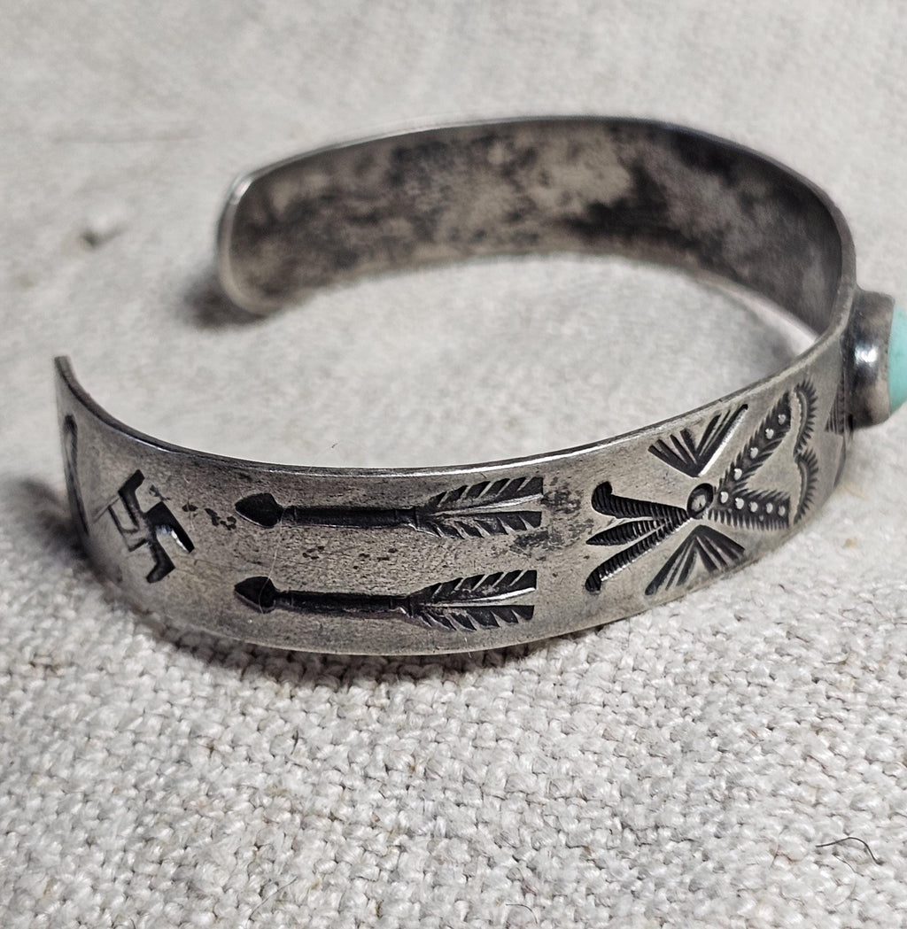 1930s Whirling Log Blue Turquoise Sterling Native  Vintage Cuff JB 228  6 3/4" wrist