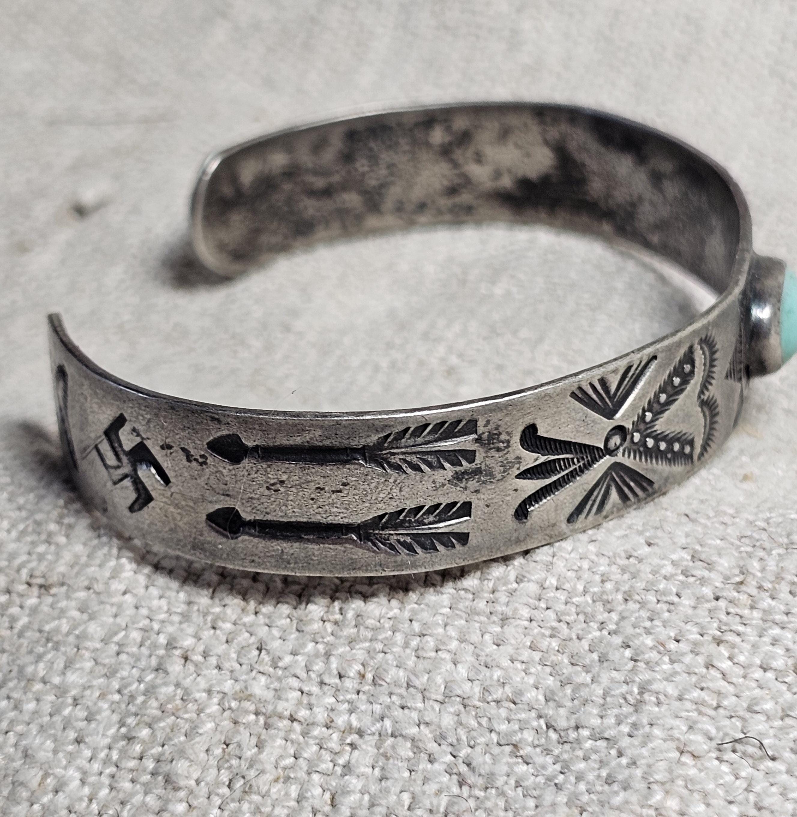 1930s Whirling Log Blue Turquoise Sterling Native  Vintage Cuff JB 228  6 3/4" wrist