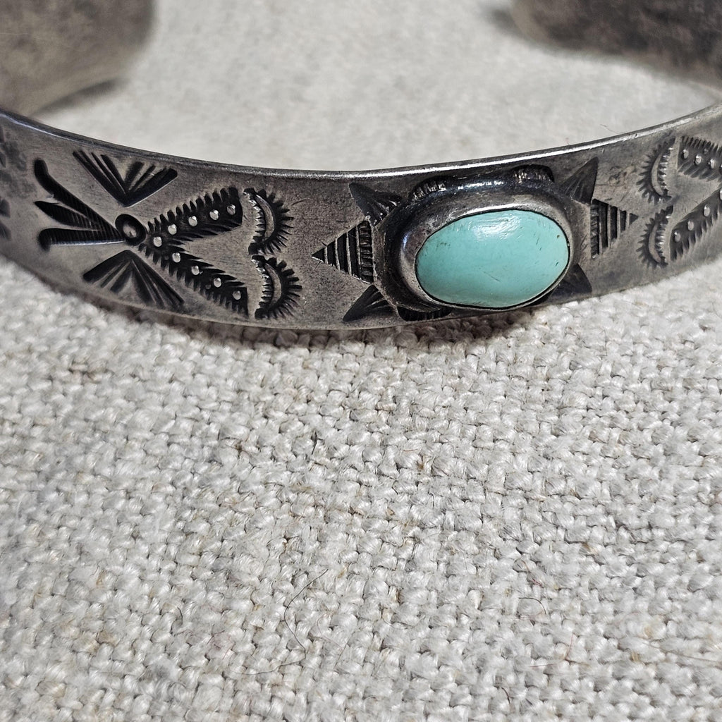 1930s Whirling Log Blue Turquoise Sterling Native  Vintage Cuff JB 228  6 3/4" wrist