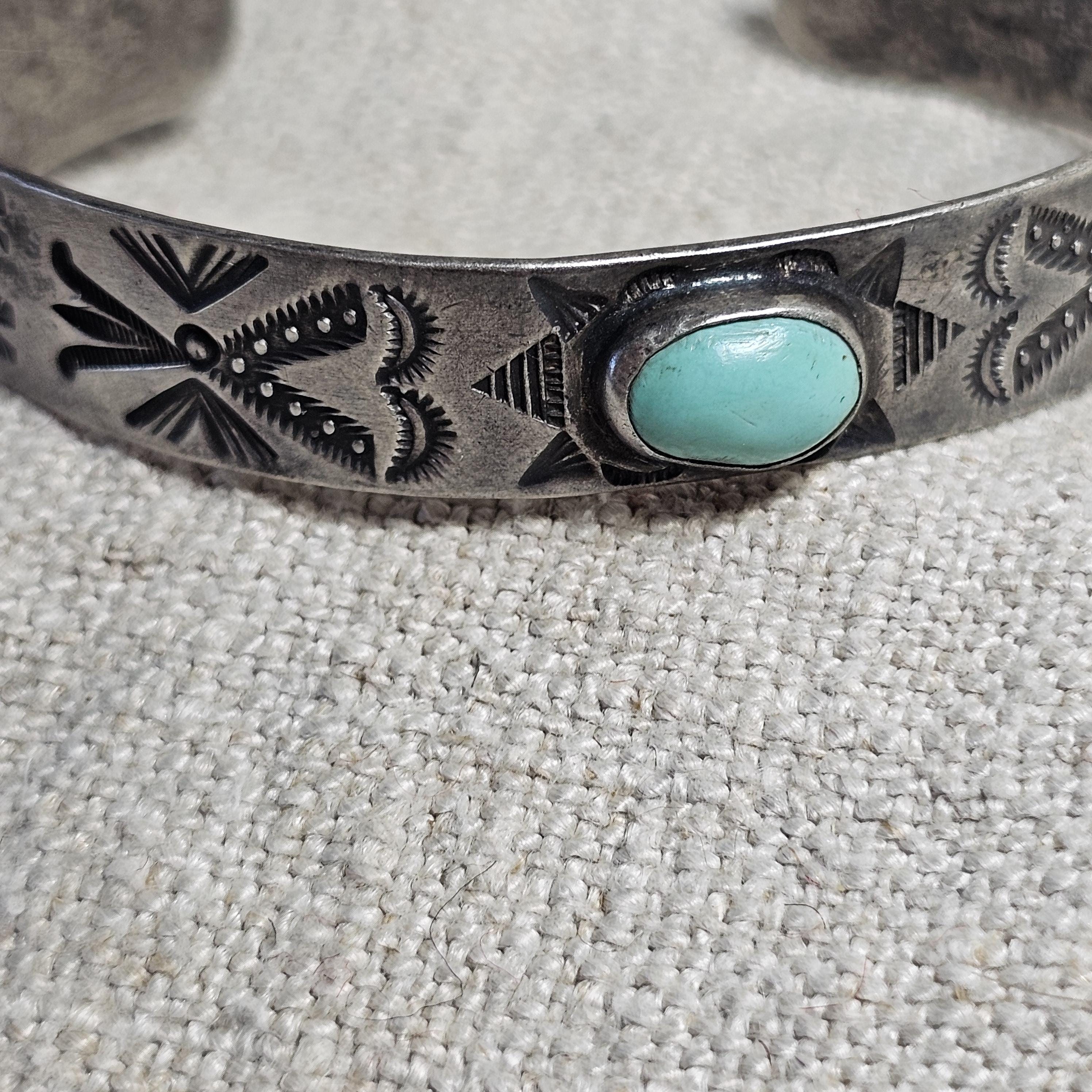 1930s Whirling Log Blue Turquoise Sterling Native  Vintage Cuff JB 228  6 3/4" wrist