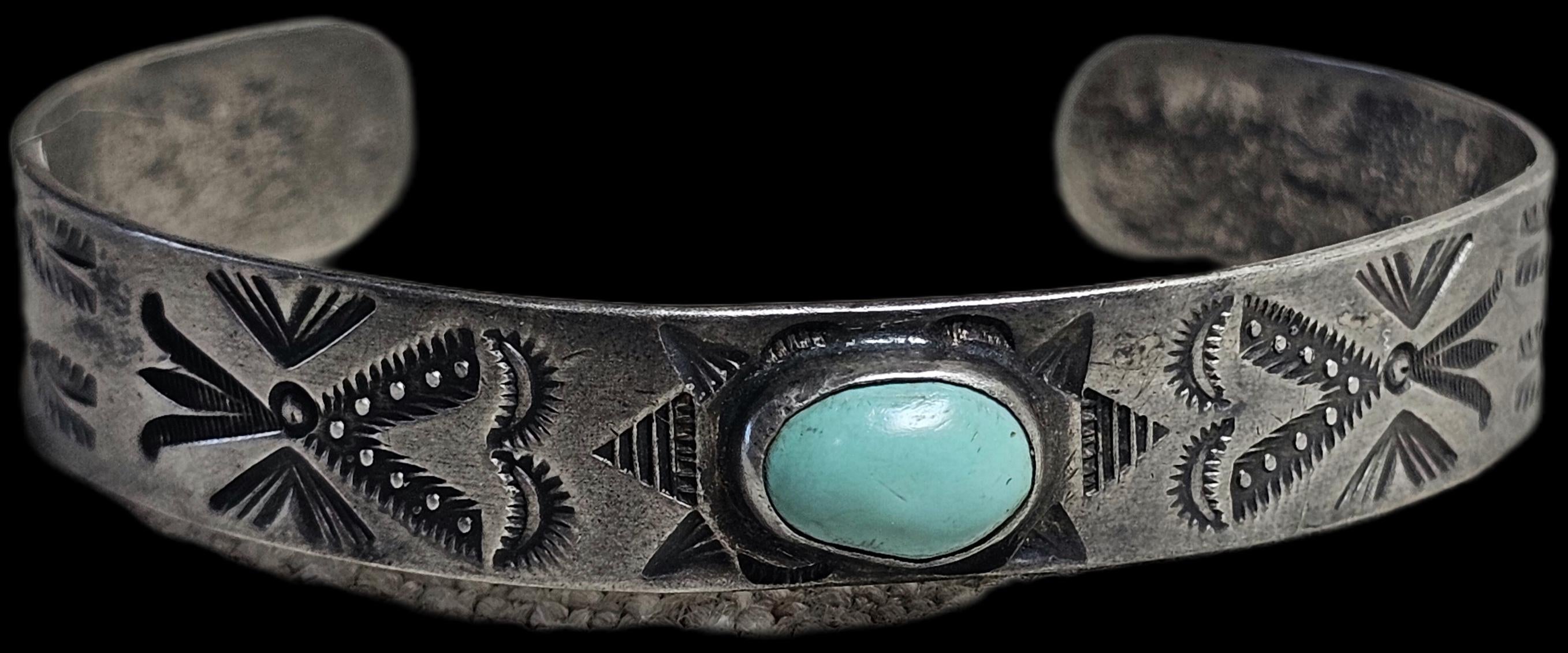 1930s Whirling Log Blue Turquoise Sterling Native  Vintage Cuff JB 228  6 3/4" wrist