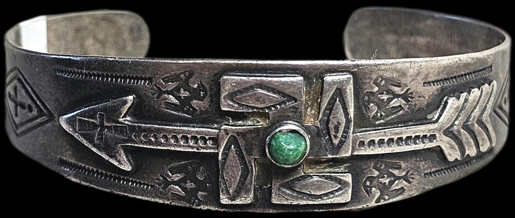 1930s Whirling Log Green Turquoise Sterling Native  Vintage Cuff JB 302 6 1/2" wrist