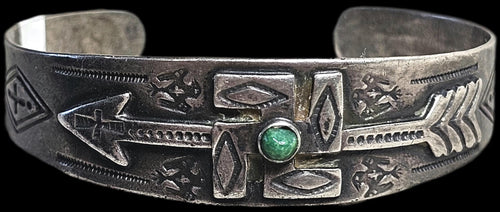 1930s Whirling Log Green Turquoise Sterling Native  Vintage Cuff JB 302 6 1/2" wrist