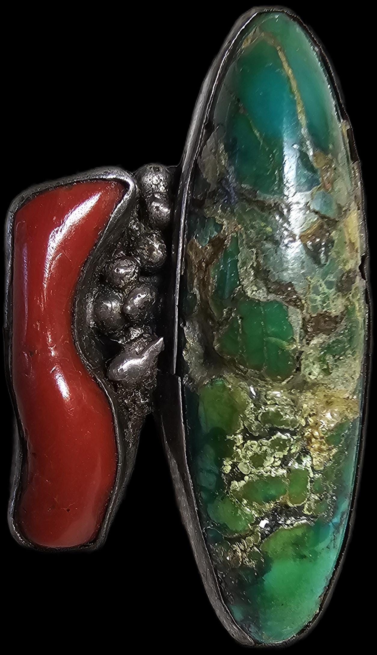 Unique Vintage Coral & Turquoise Sterling Silver Ring, Size 5 1/2  JR 647