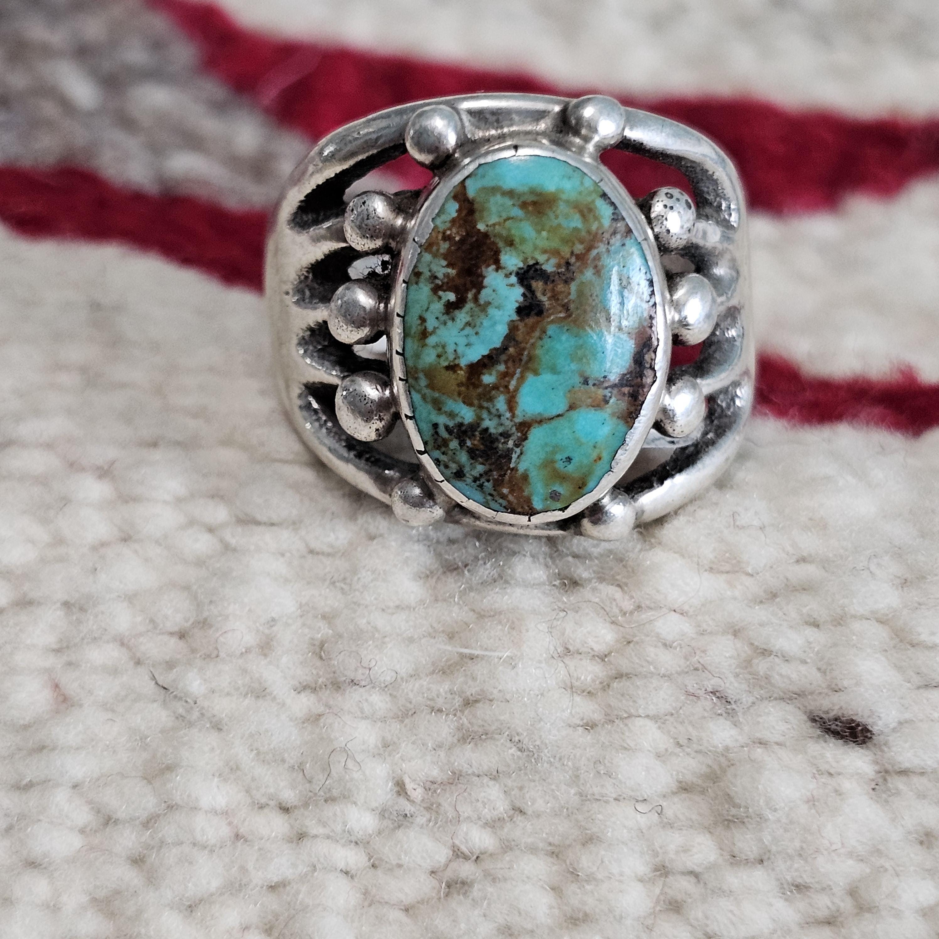 Big Blue Turquoise Hippy Vintage Sterling Ring Size 10 1/2 Old Pawn JR 434