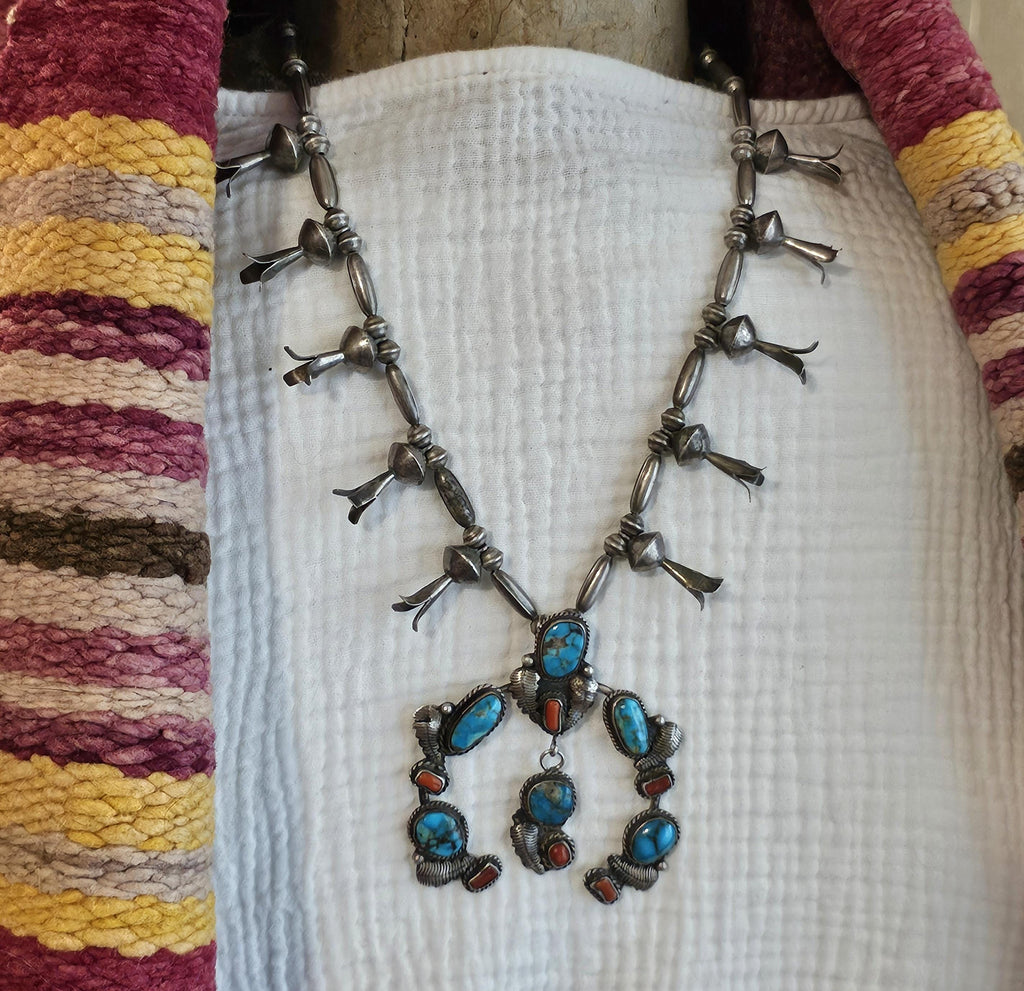 C 1940s Simplicio Style Squash Blossom Turquoise & Coral Native Sterling Necklace  Old Pawn  JN 625