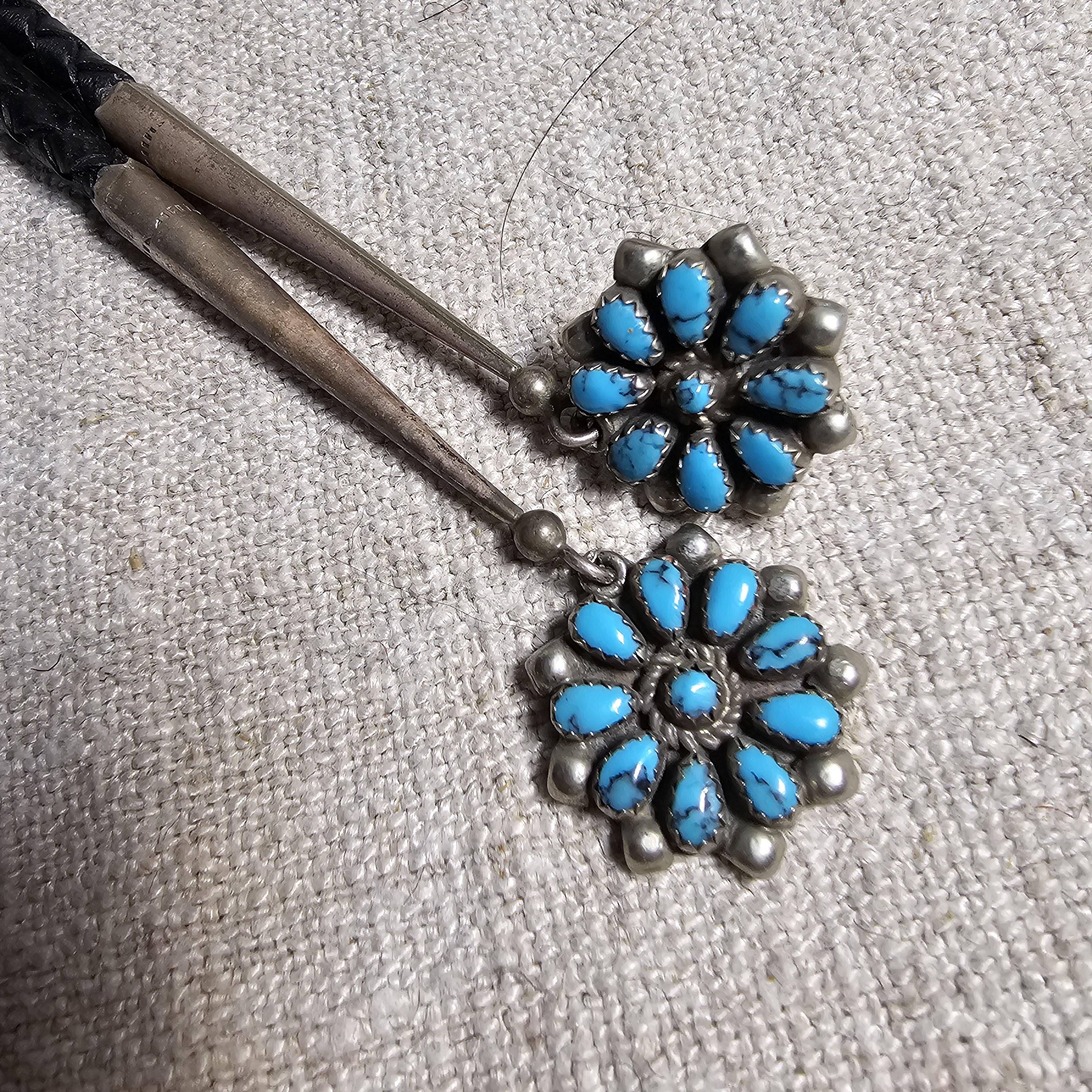 1950s Lady Size Zuni Cluster Blue Turquoise Vintage Sterling Bolo  # JBO 163