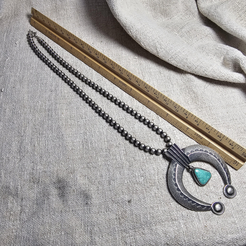 Tufa Cast Silver Naja w/ Turquoise Vintage Silver Navajo Pearls Old Pawn JN 730