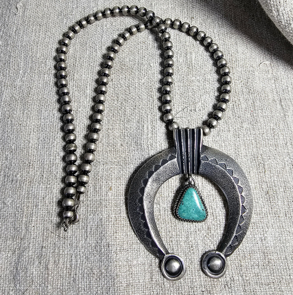 Tufa Cast Silver Naja w/ Turquoise Vintage Silver Navajo Pearls Old Pawn JN 730