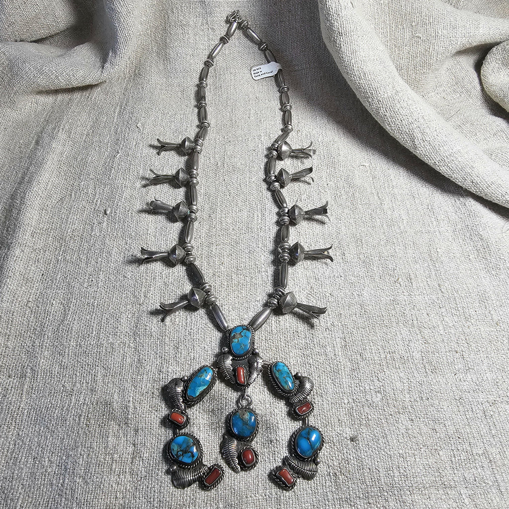 C 1940s Simplicio Style Squash Blossom Turquoise & Coral Native Sterling Necklace  Old Pawn  JN 625