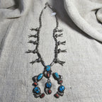 C 1940s Simplicio Style Squash Blossom Turquoise & Coral Native Sterling Necklace  Old Pawn  JN 625