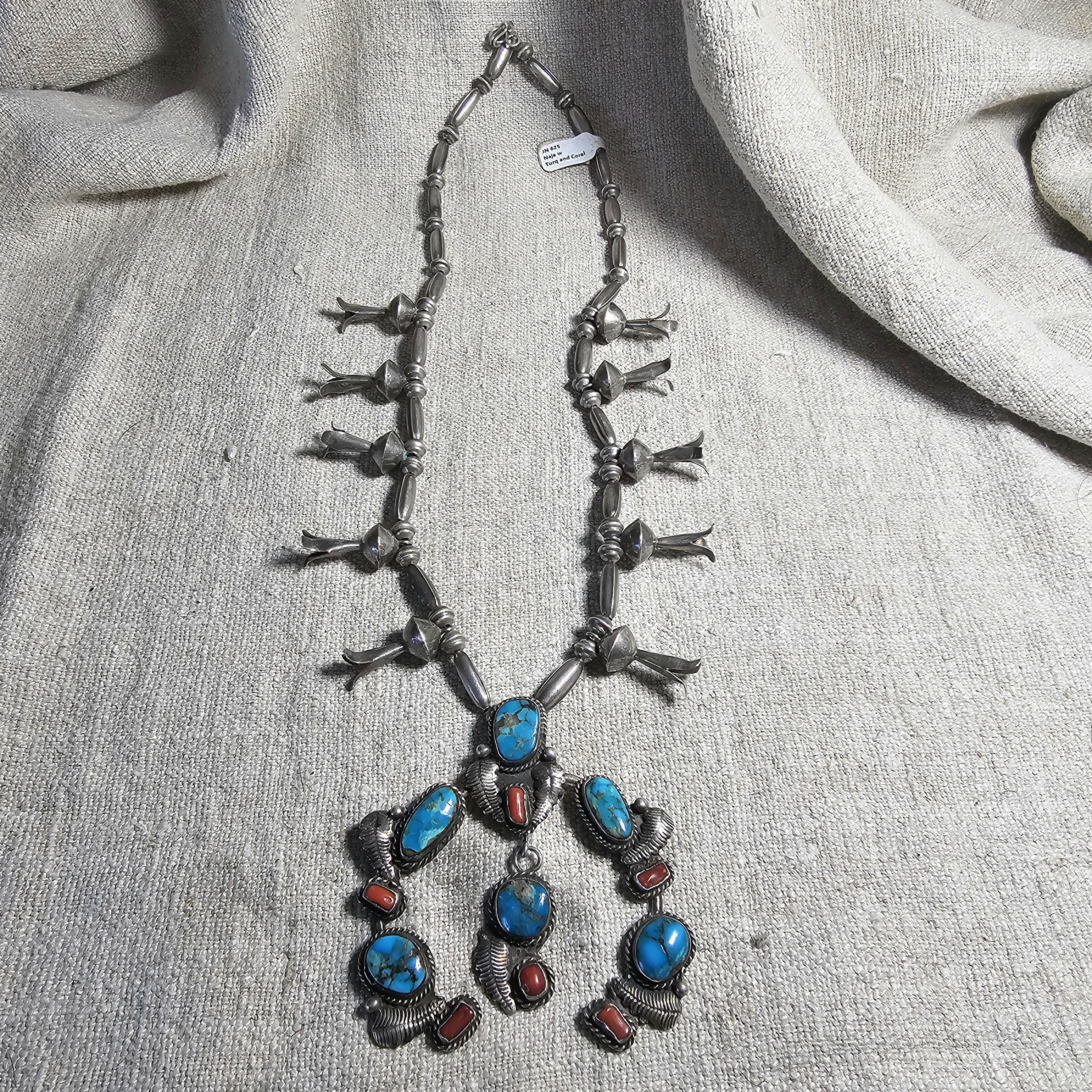 C 1940s Simplicio Style Squash Blossom Turquoise & Coral Native Sterling Necklace  Old Pawn  JN 625