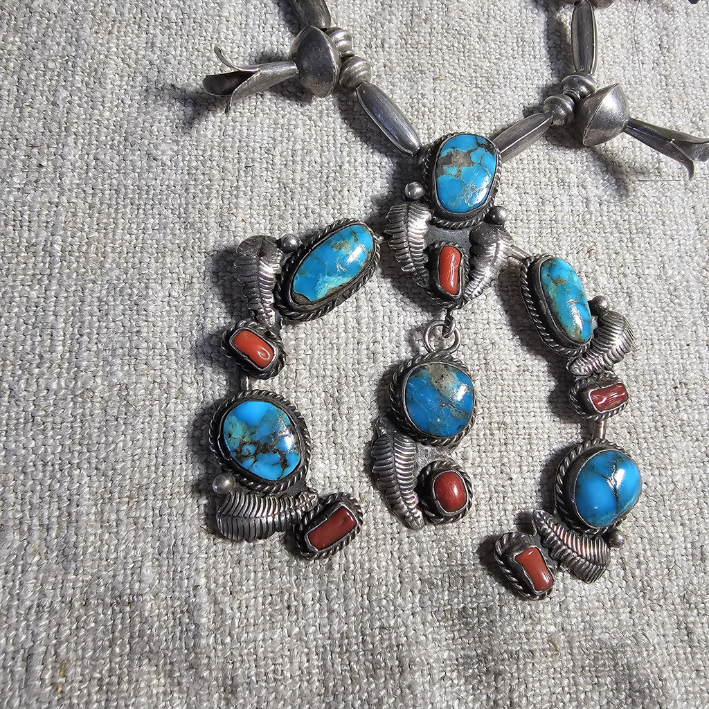 C 1940s Simplicio Style Squash Blossom Turquoise & Coral Native Sterling Necklace  Old Pawn  JN 625