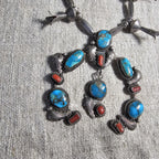 C 1940s Simplicio Style Squash Blossom Turquoise & Coral Native Sterling Necklace  Old Pawn  JN 625