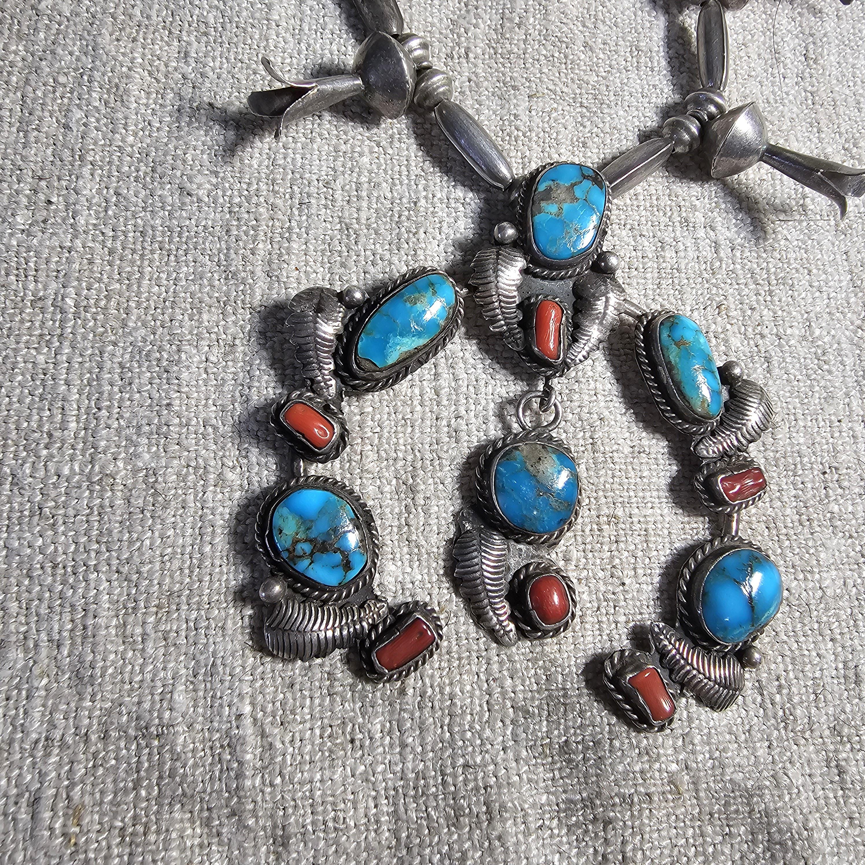 C 1940s Simplicio Style Squash Blossom Turquoise & Coral Native Sterling Necklace  Old Pawn  JN 625