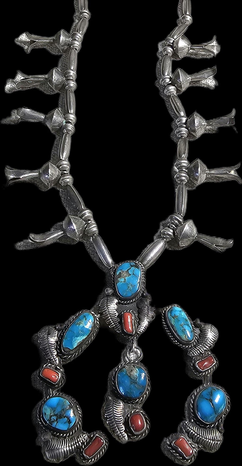 C 1940s Simplicio Style Squash Blossom Turquoise & Coral Native Sterling Necklace  Old Pawn  JN 625