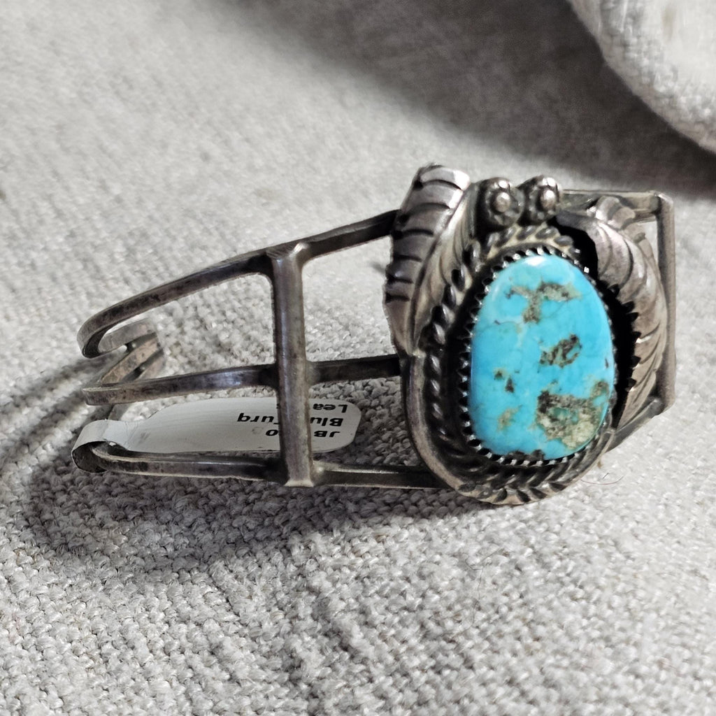 Nugget Turquoise Signed Vintage Native Sterling Old Pawn fits 6" wrist. JB 180