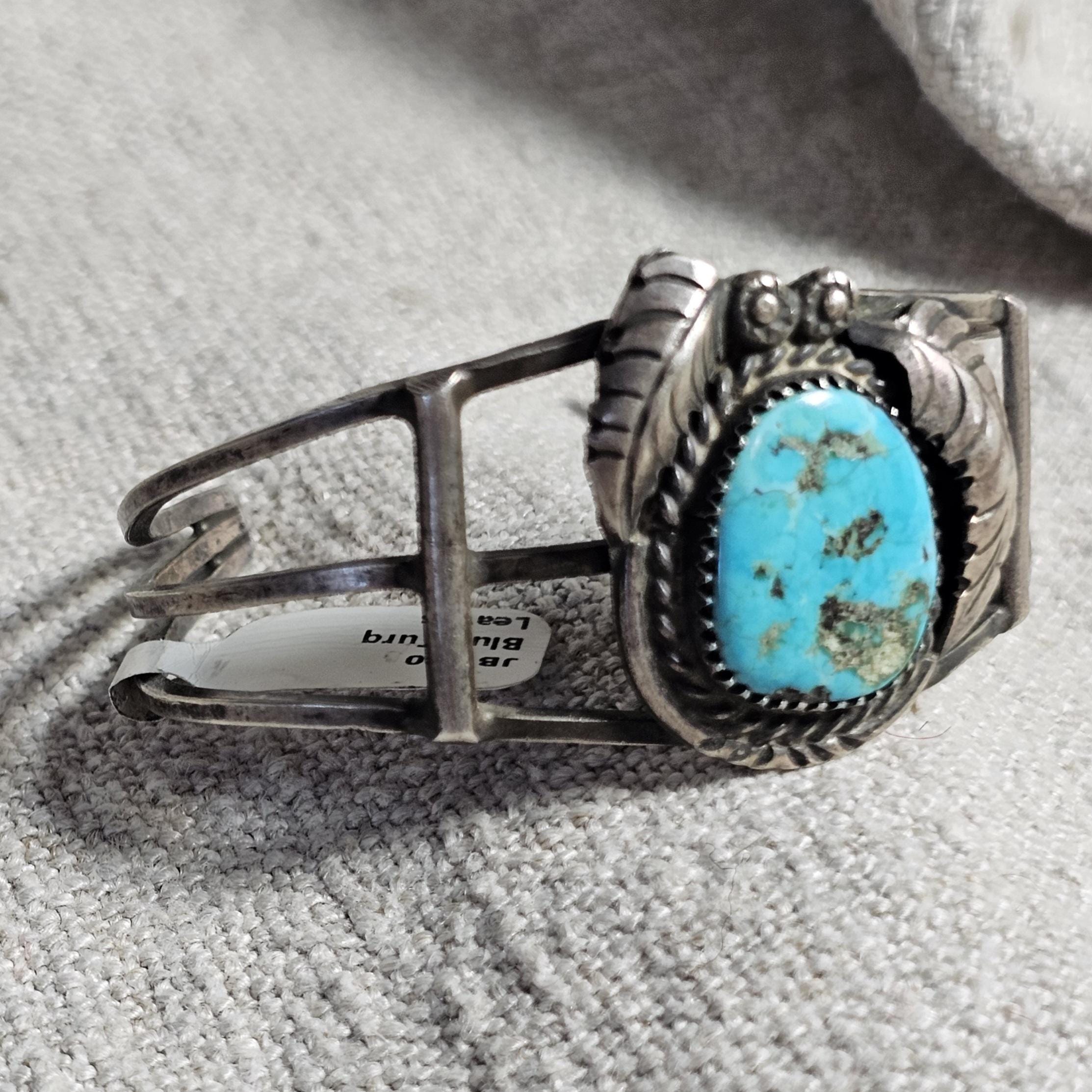 Nugget Turquoise Signed Vintage Native Sterling Old Pawn fits 6" wrist. JB 180