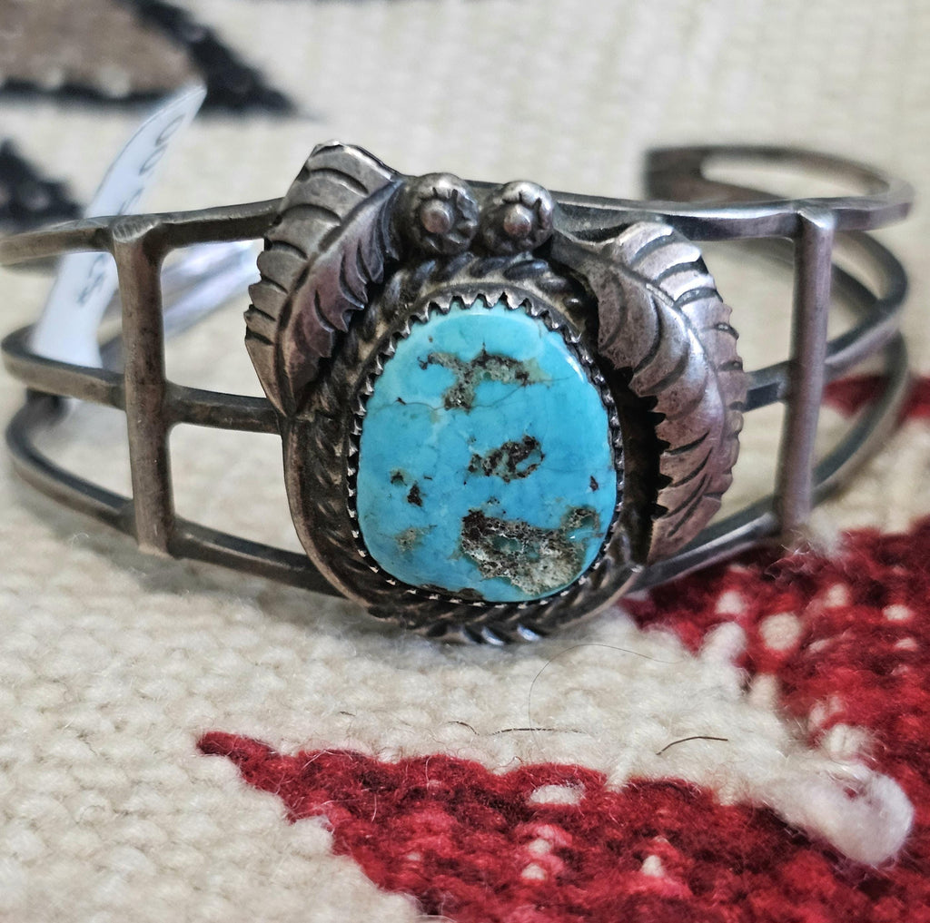 Nugget Turquoise Signed Vintage Native Sterling Old Pawn fits 6" wrist. JB 180