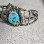 Nugget Turquoise Signed Vintage Native Sterling Old Pawn fits 6" wrist. JB 180