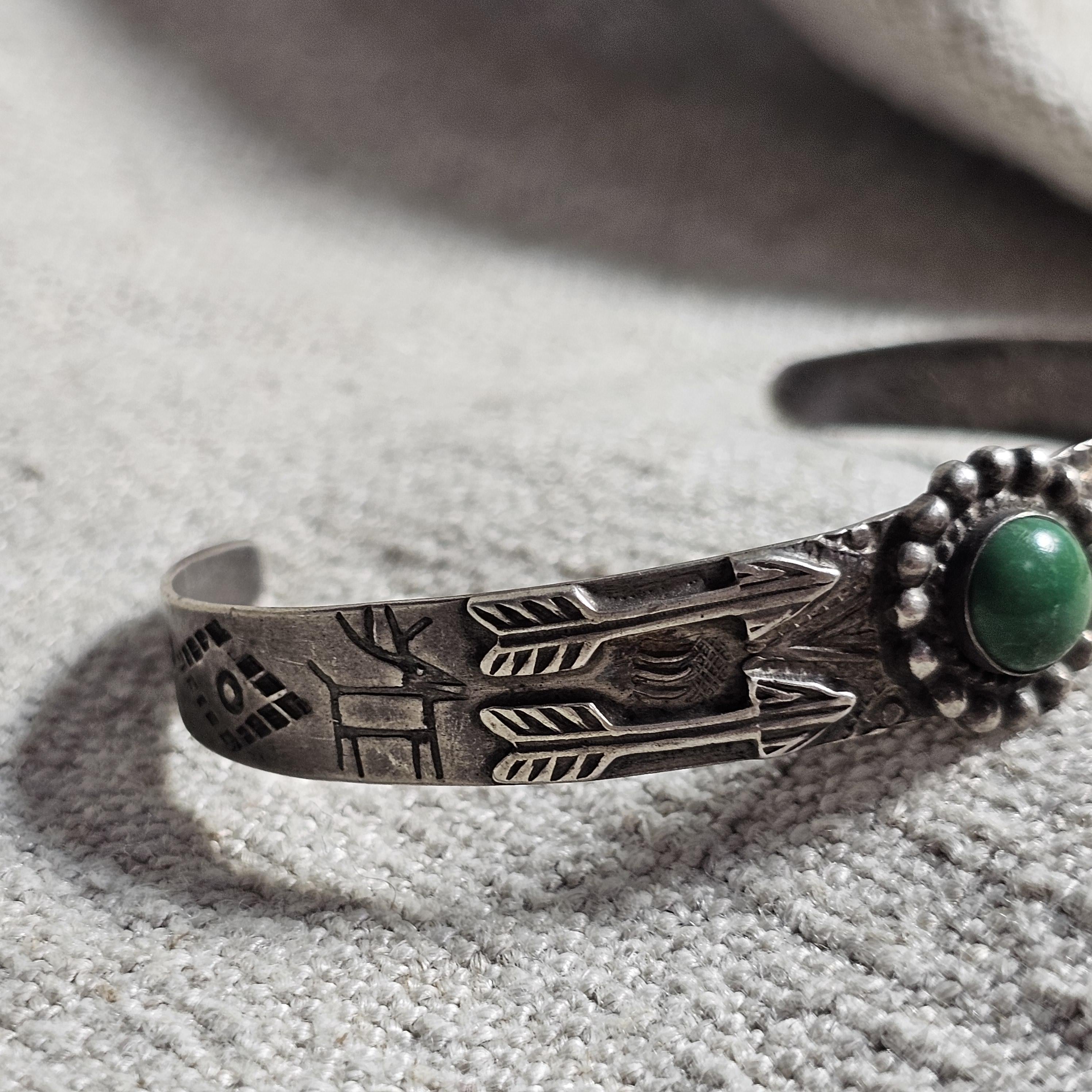 1940s Green Turquoise Harvey Era Native Sterling Old Pawn fits 6 1/2" wrist. JB 252