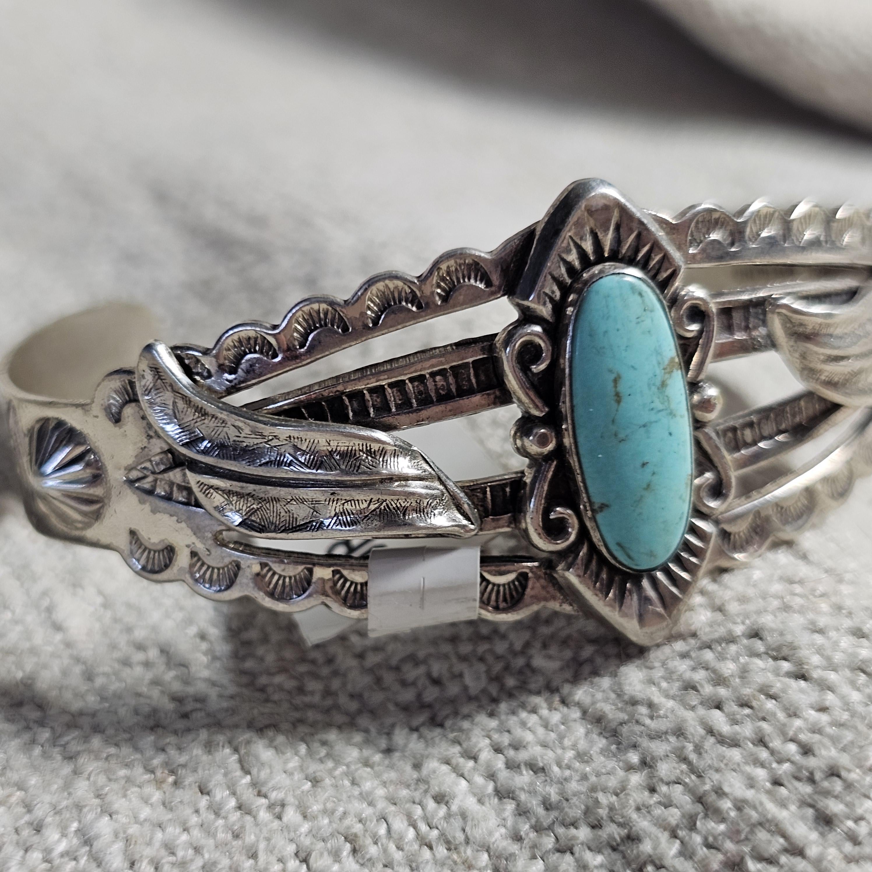 1940s Blue Turquoise Harvey Era Native Sterling Old Pawn cufffits 6 1/2" wrist. JB 243
