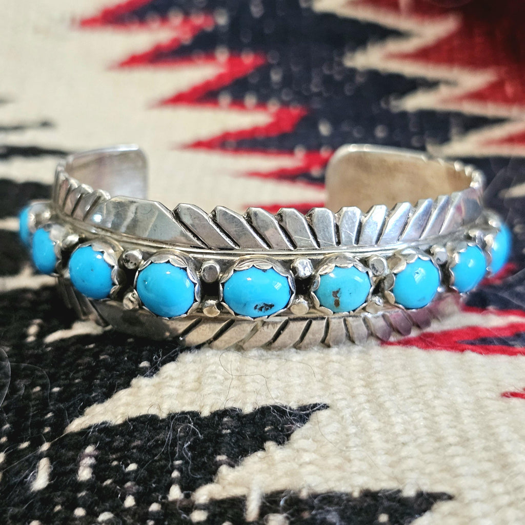 Vintage 11 Turquoise Sterling Cuff Bracelet, Native Old Pawn size 6 3/4" JB 303