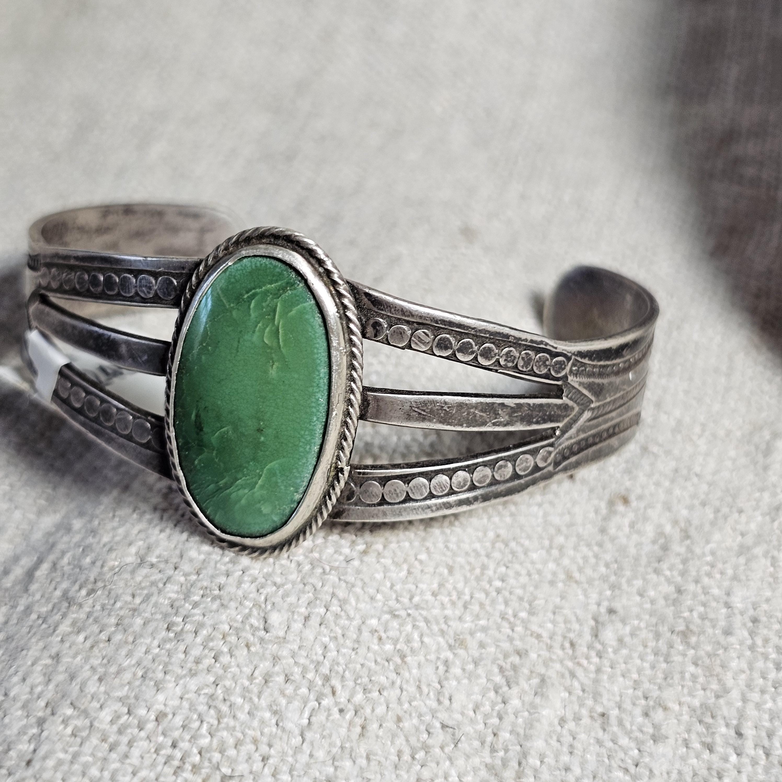 1930s Green Turquoise Harvey Era Sterling Native  Vintage Cuff JB 246 6 3/4" wrist