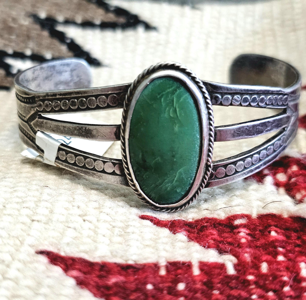 1930s Green Turquoise Harvey Era Sterling Native  Vintage Cuff JB 246 6 3/4" wrist