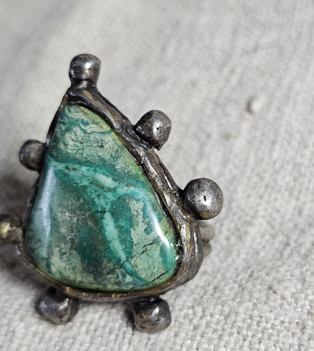 Quirky '60s Turquoise Sterling Man Ring Size 10 3/4 Old Pawn JR 475