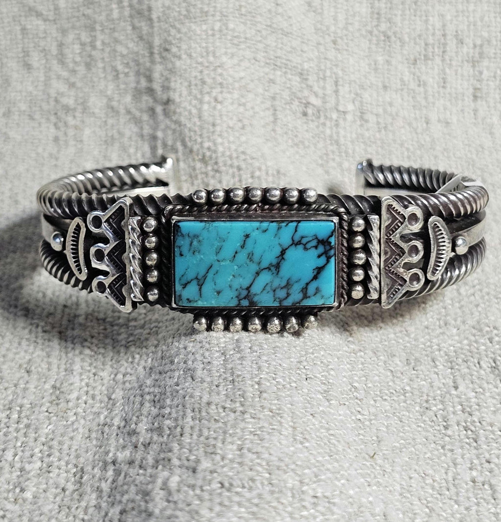 Vintage Ray Tracy Silver Blue Turquoise Cuff - Native Bracelet Old Pawn 6 3/4" wrist JB 327
