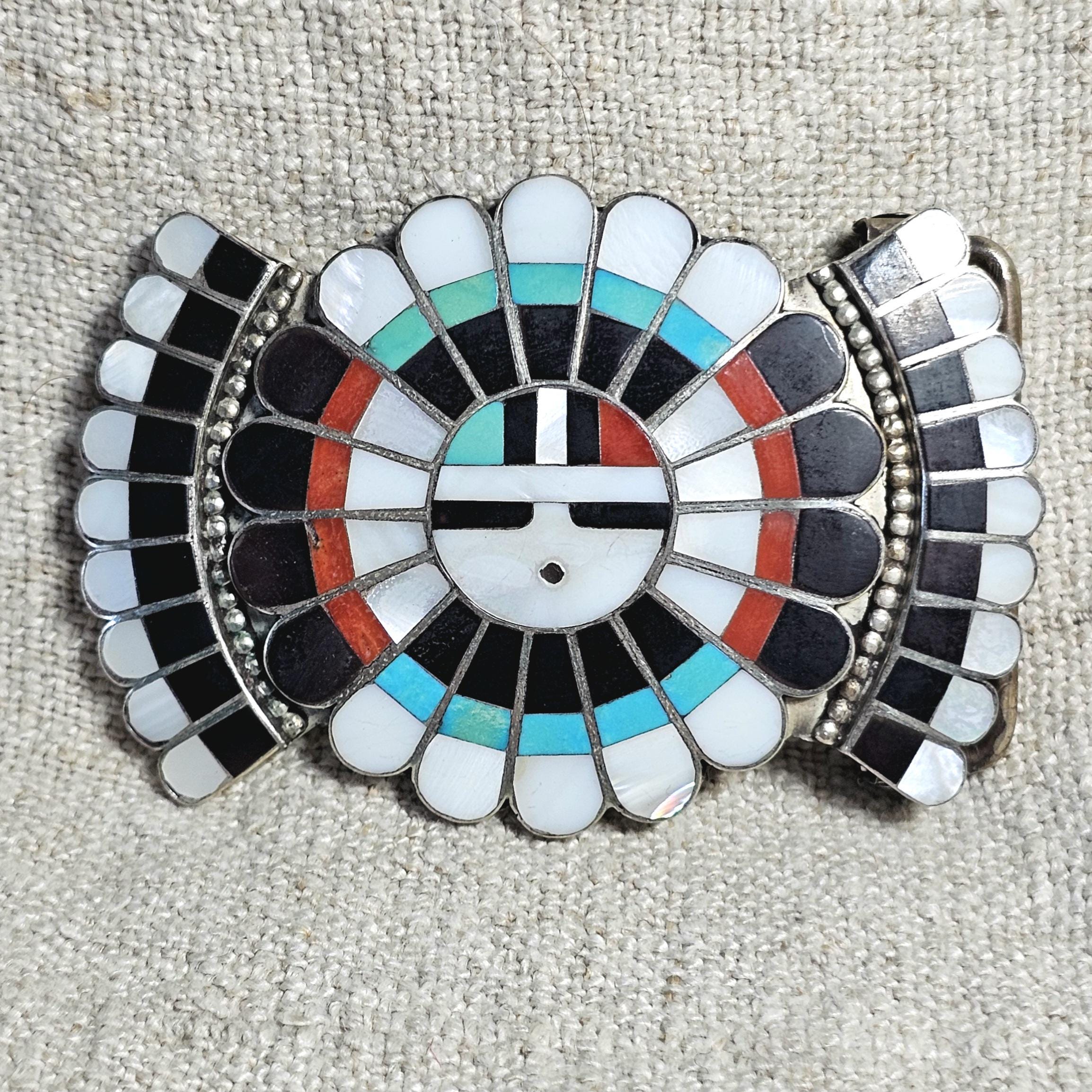 Sunface Zuni Inlay Signed Turquoise Vintage Buckle  Old Pawn JK 215