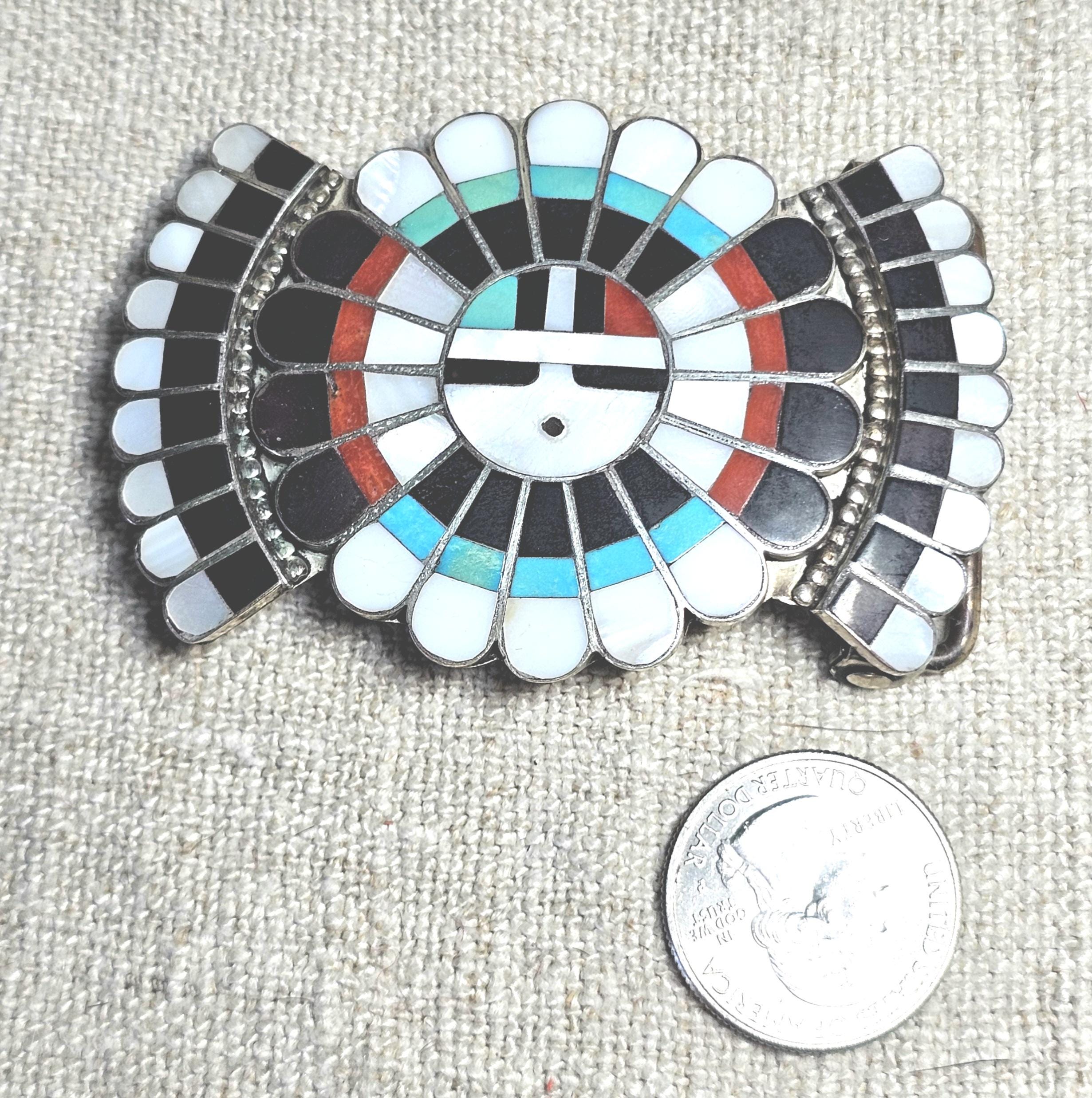 Sunface Zuni Inlay Signed Turquoise Vintage Buckle  Old Pawn JK 215